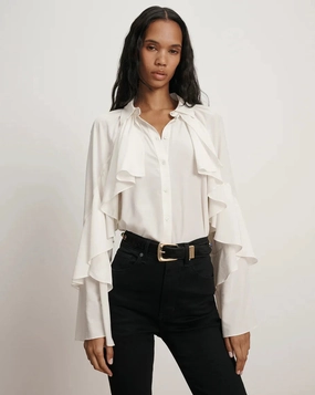 Demaris Ruffled Button-Down Blouse Dove Flowing Design