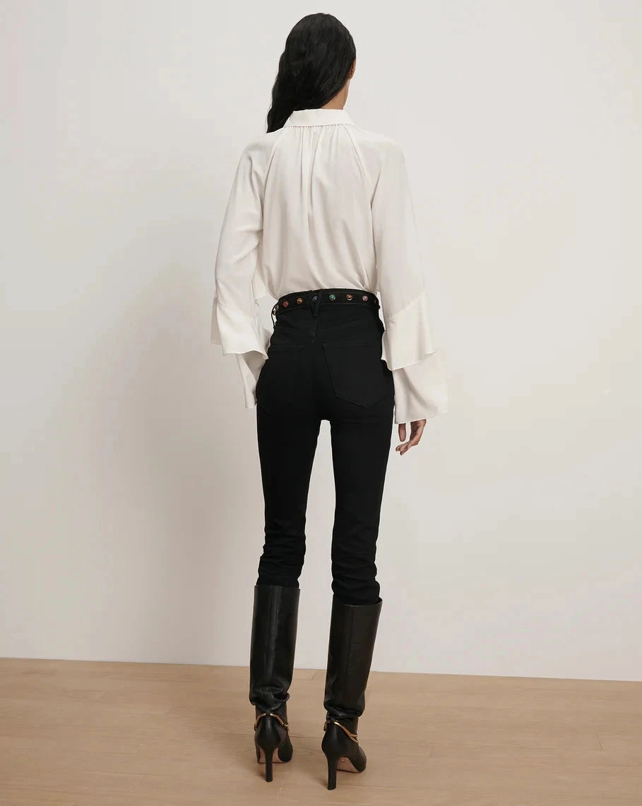 Stretch Fit Demaris Ruffled Button-Down Blouse Dove