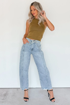 Solara High Rise Waist Tie Saige Denim Barrel Jeans (Light Wash) Clean Finish