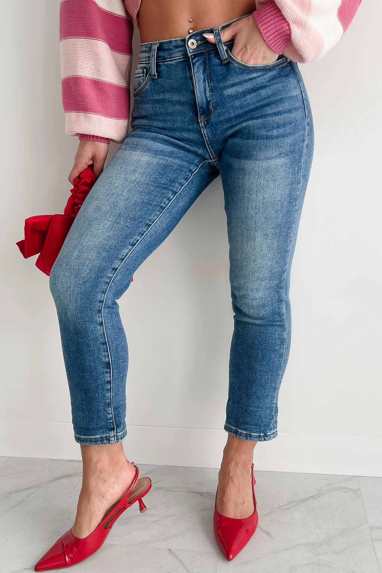 All Day Comfort StaticDissipative Ashley Mid Rise Tummy Control Special A Slim Boyfriend Jeans (Dark)