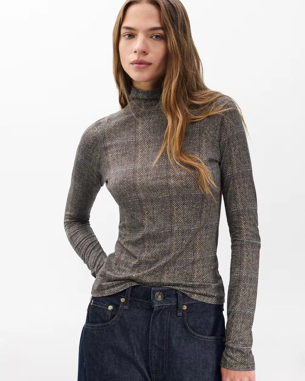 Shawl Plaid Turtleneck Tee Brown Multi LightweightDesign