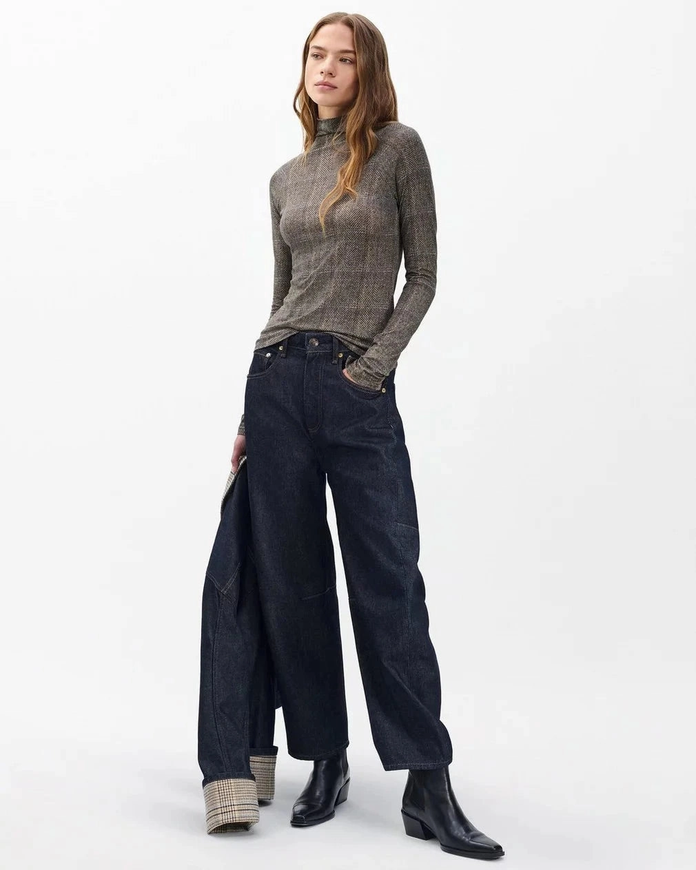 Stylish Hoodie Shawl Plaid Turtleneck Tee Brown Multi