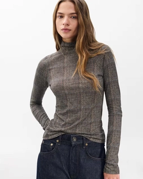 Shawl Plaid Turtleneck Tee Brown Multi LightweightDesign