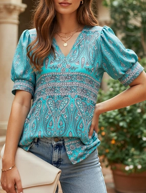 DurableWeave V-Neck Loose Short Sleeve Printed T-Shirt ??Comfortable & Trendy Casual Wear