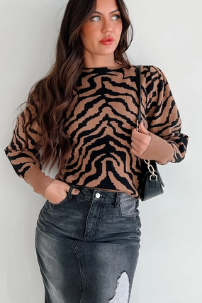 Gone To Far Animal Print Sweater (Camel/Black) Temperature Regulating Fibers