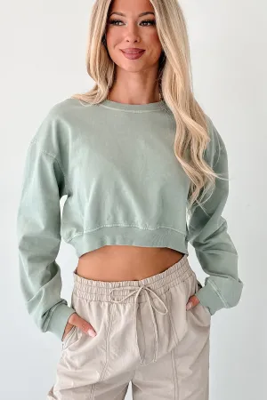 Chill Charm Long Sleeve Cropped Sweatshirt (Sage Green) Adjustable drawstring
