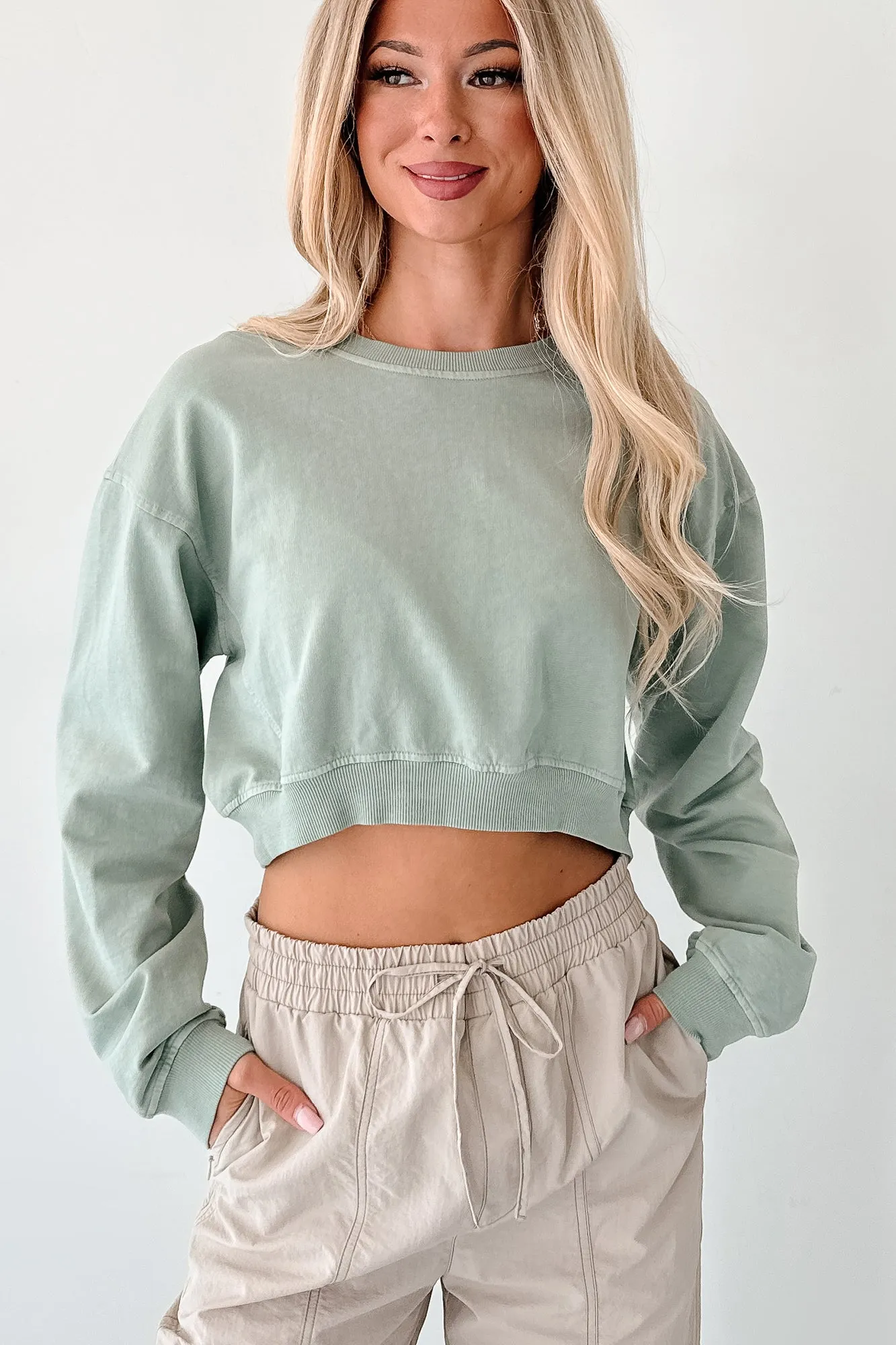 Chill Charm Long Sleeve Cropped Sweatshirt (Sage Green) Adjustable drawstring