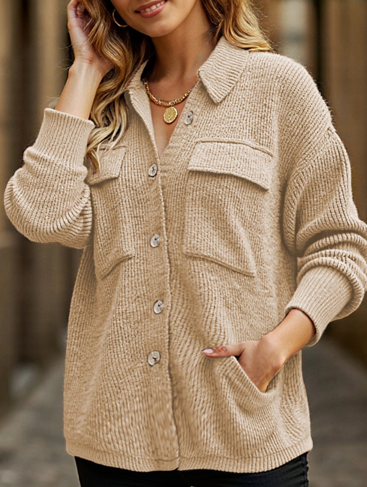 Reinforced Hemline Loose corduroy pocket long-sleeved cardigan jacket
