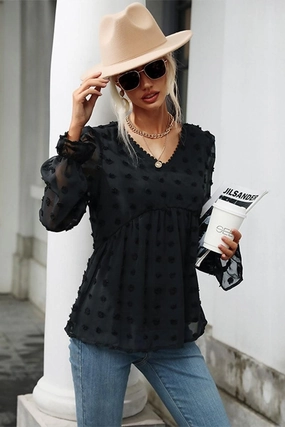 Comfortable fit Yarn Dyed Fabric POLKA DOT LACE DETAILED V NECK CASUAL TUNIC TOP