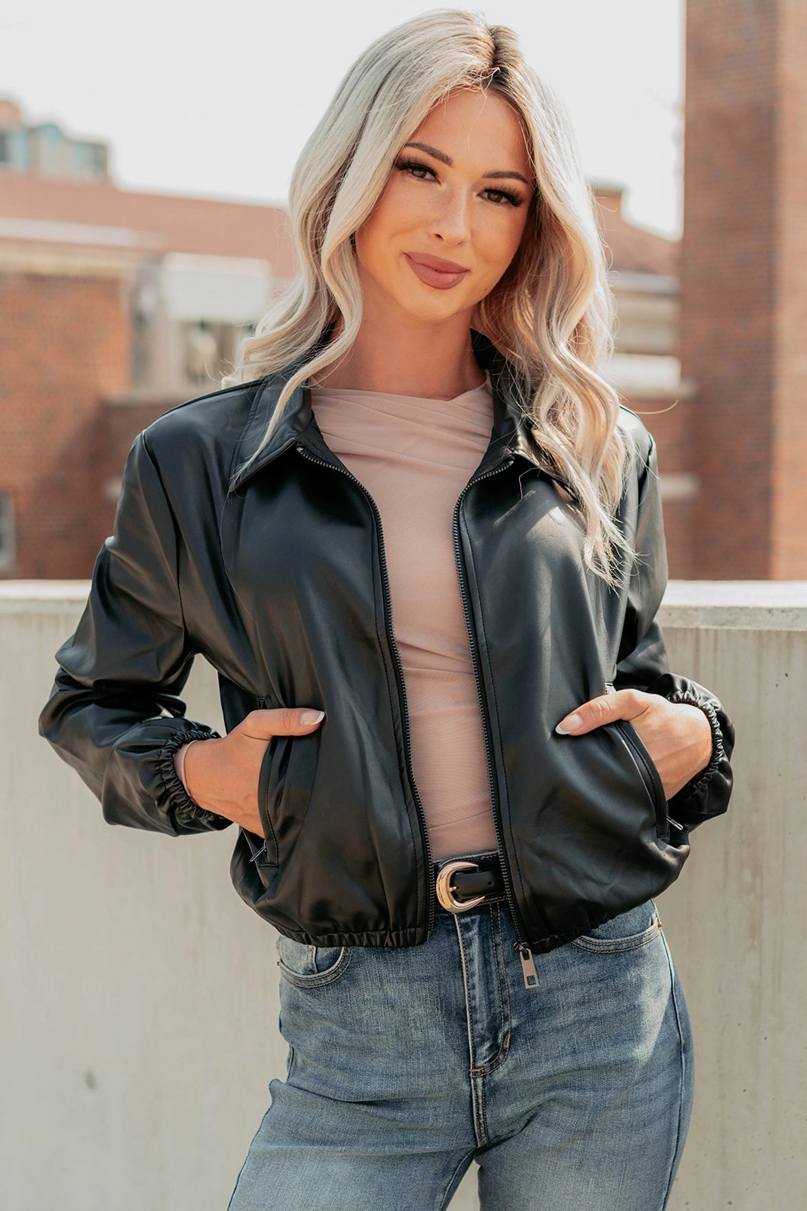 Fearless Moves Faux Leather Zip-Up Jacket (Black) GarmentWashed Softness AntiPillingTreatment