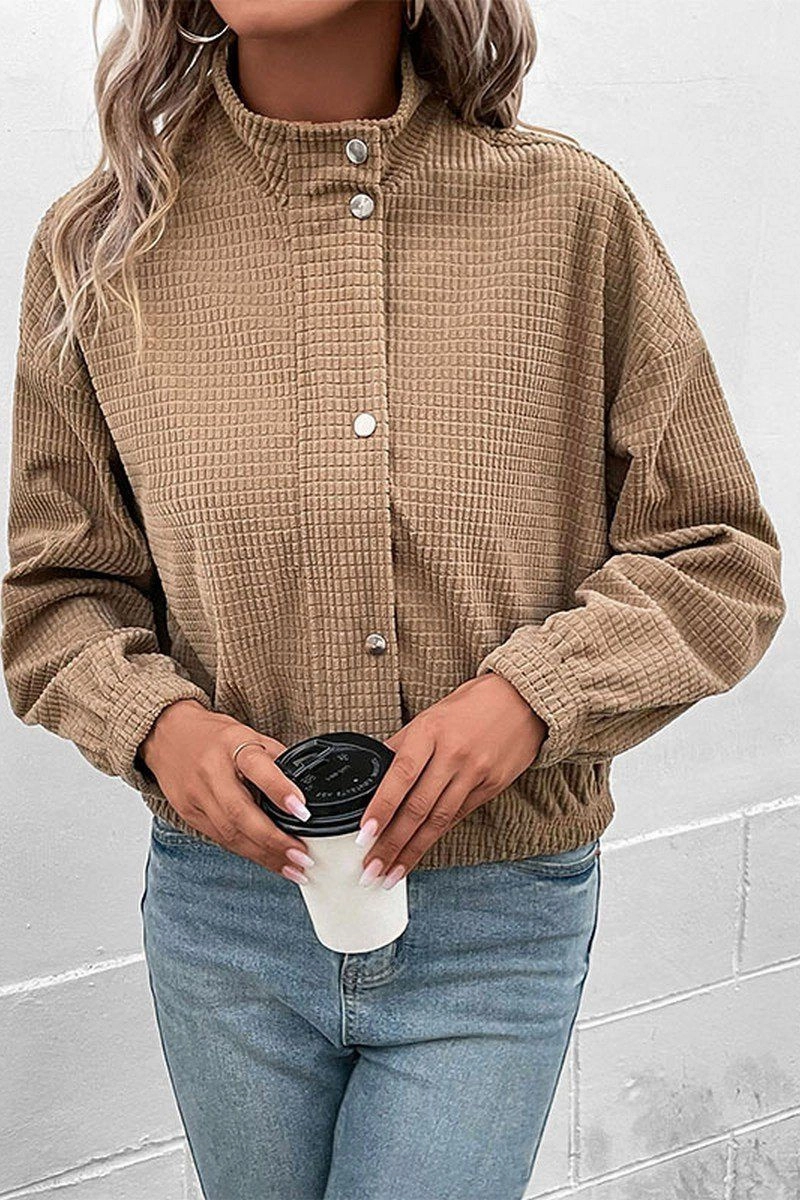 WOMEN HIGH NECK PLAID QUILTED BUTTON UP JACKET AthleisureReady Oversized Collar
