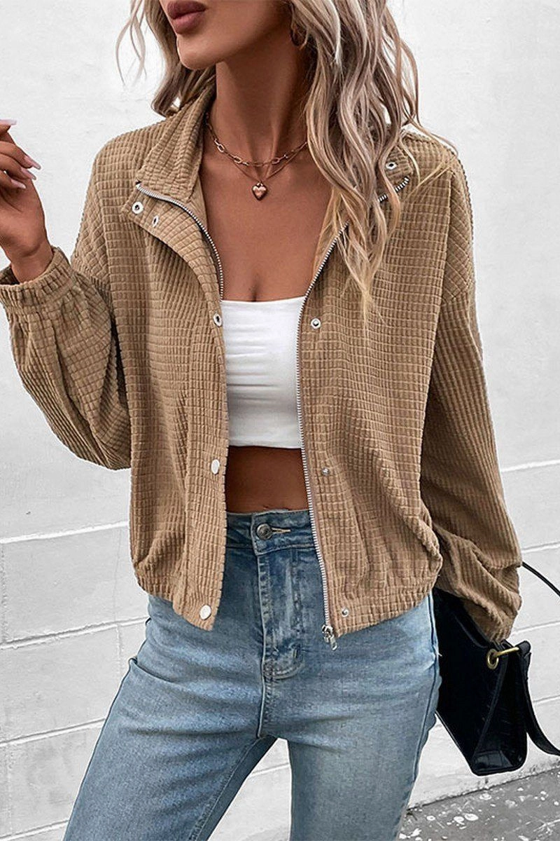 WOMEN HIGH NECK PLAID QUILTED BUTTON UP JACKET Adjustable Shoulder Straps