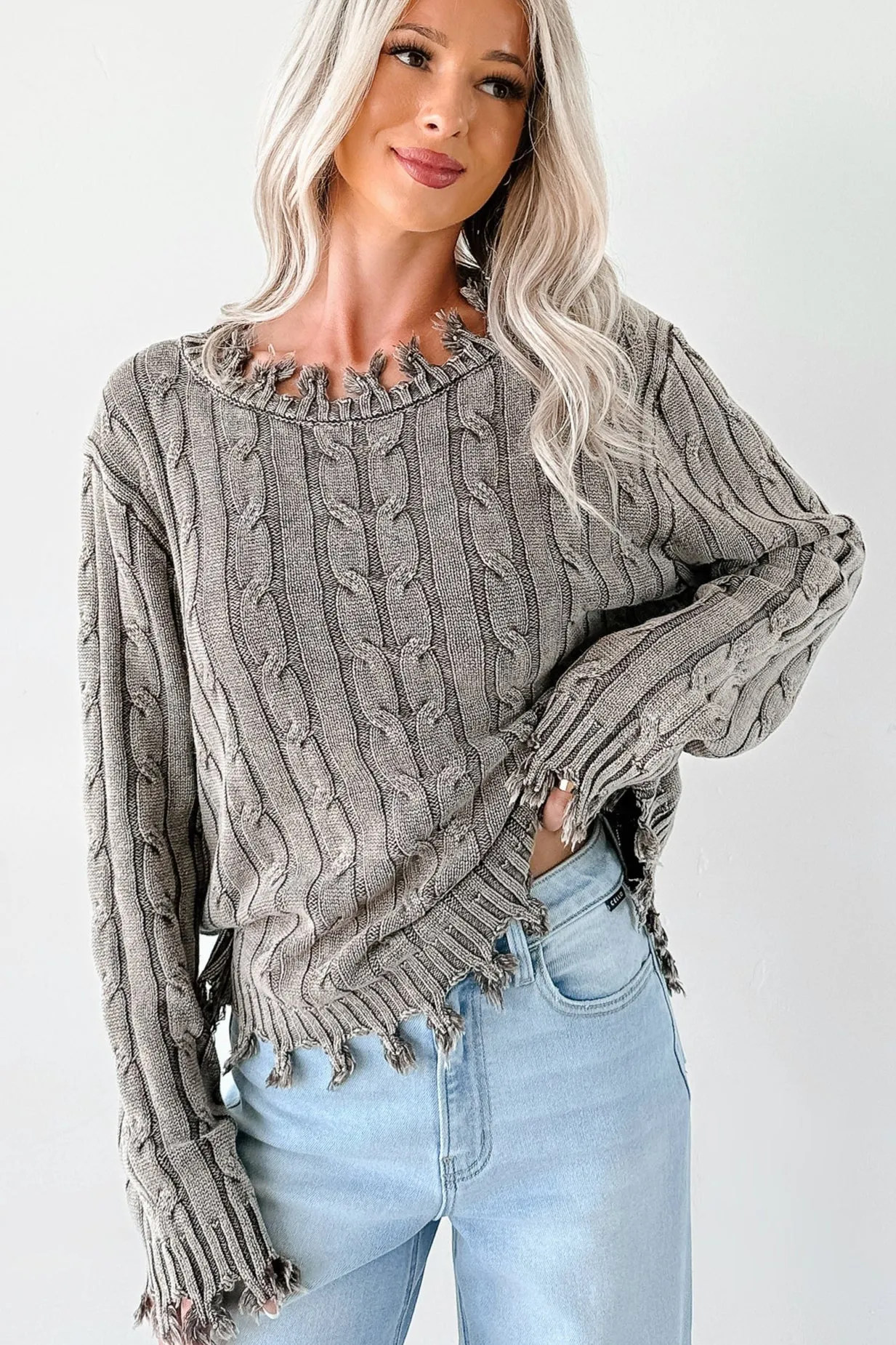 Silicone Grip Interior Breathable mesh lining Unwritten Future Cable Knit Fringe Zenana Sweater (Brown)