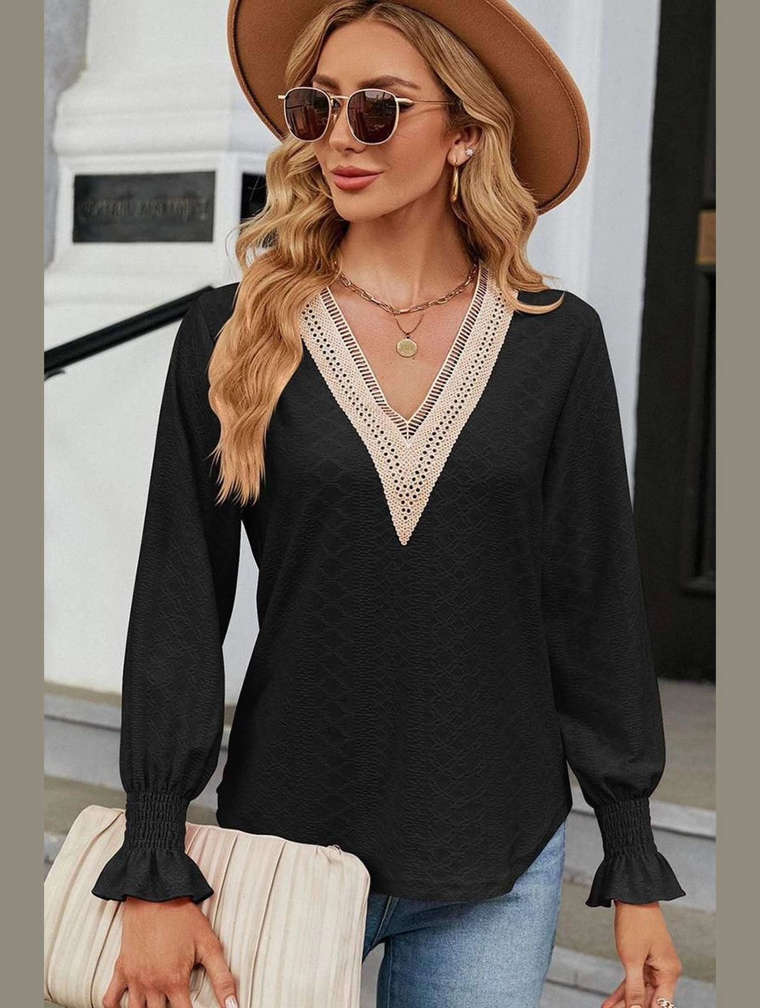 Layered Collar Structure Adjustable Hem Toggles WOMEN GUIPURE LACE TRIM NECK RUFFLE SLEEVE BLOUSE