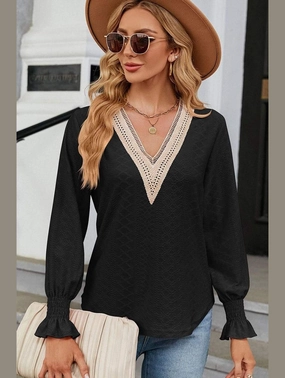 EcoFriendly Dye Basic Dress WOMEN GUIPURE LACE TRIM NECK RUFFLE SLEEVE BLOUSE