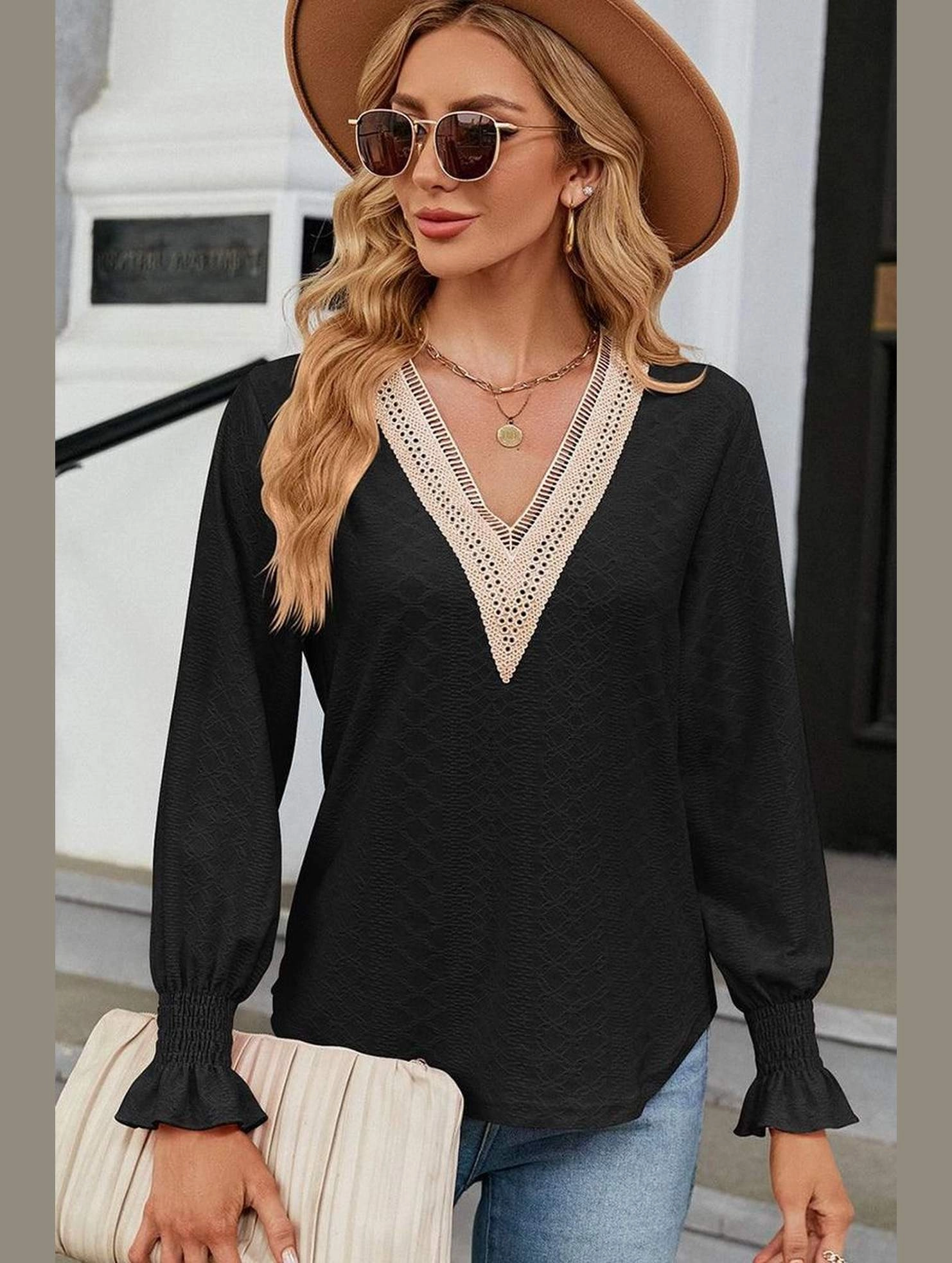 WOMEN GUIPURE LACE TRIM NECK RUFFLE SLEEVE BLOUSE Mesh Lining