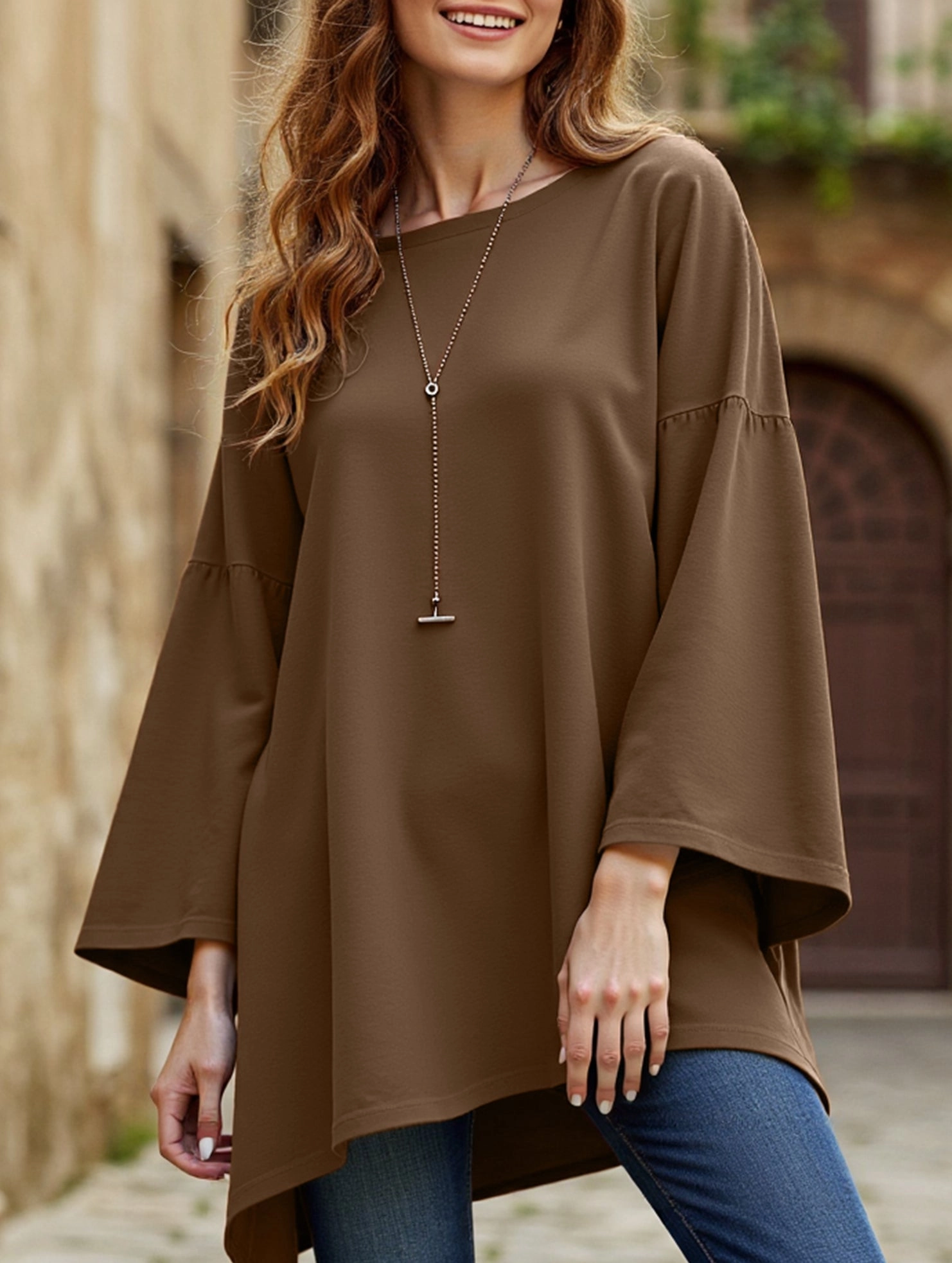 Resilient Fabric Blend Quick Dry Fabric Solid color round neck slit long sleeve loose top