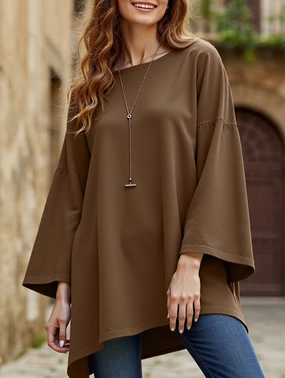 Reinforced Seam Technique Long Sleeve Polo Solid color round neck slit long sleeve loose top