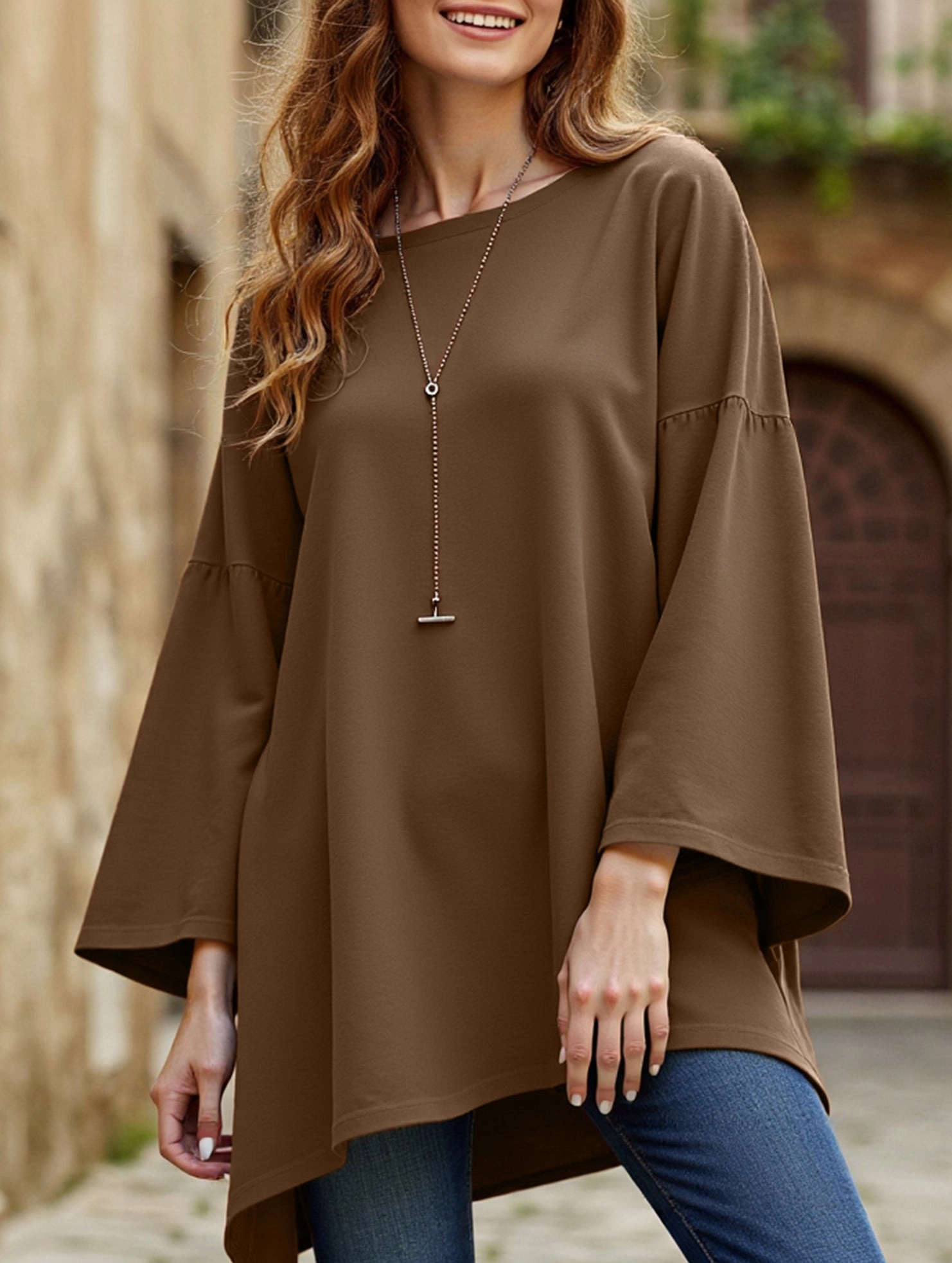 Solid color round neck slit long sleeve loose top EcoFriendlyDye
