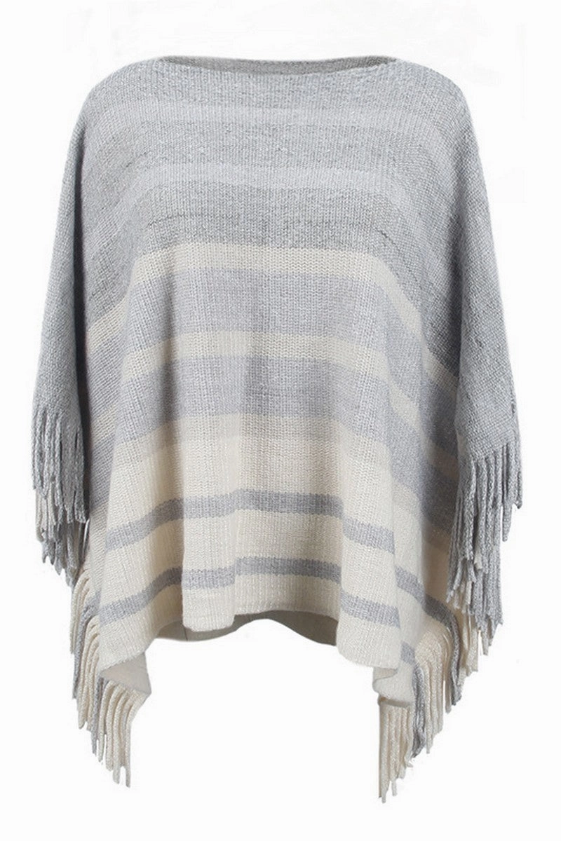 WOMEN STRIPE COLOR BLOCK TASSEL PONCHO SHAWL Breathable back panel QuickDry Textile