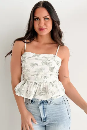AbrasionResistant Surface Button Down Collar Style Nature's Palette Ruched Floral Peplum Tank (Sage)