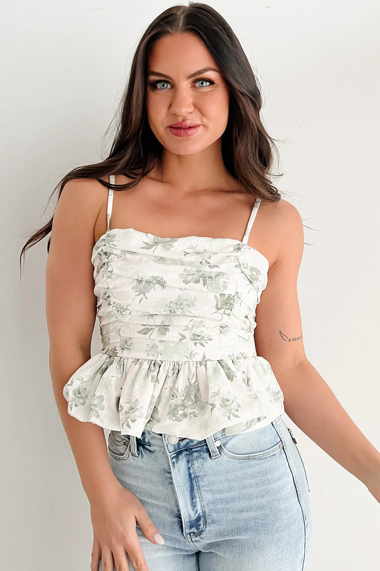 Nature's Palette Ruched Floral Peplum Tank (Sage) Thermal Insulation Airflow Mesh Panel