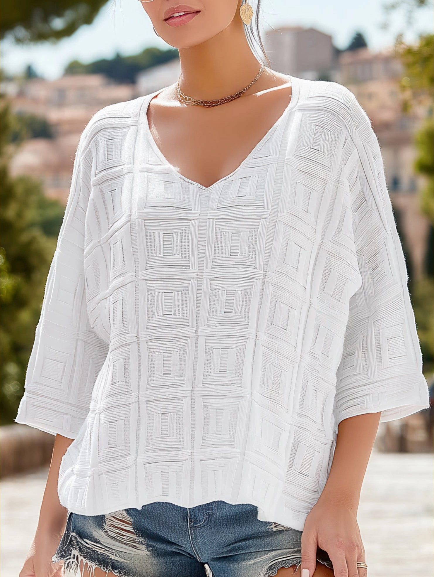Simple Loose Knit Solid Color Pullover V-Neck Top ??Comfortable Acrylic Sweater for All Seasons PortableOption ReflectiveTrim