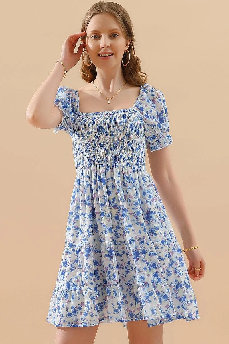 Office Layer Open Back PATTERNED SQUARE NECK PUFF SLEEVE SHORT CAKE DRESS