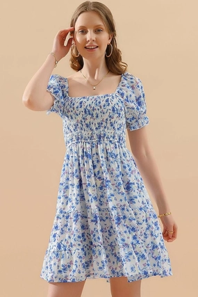 PATTERNED SQUARE NECK PUFF SLEEVE SHORT CAKE DRESS Premium Quality Effortless Mood