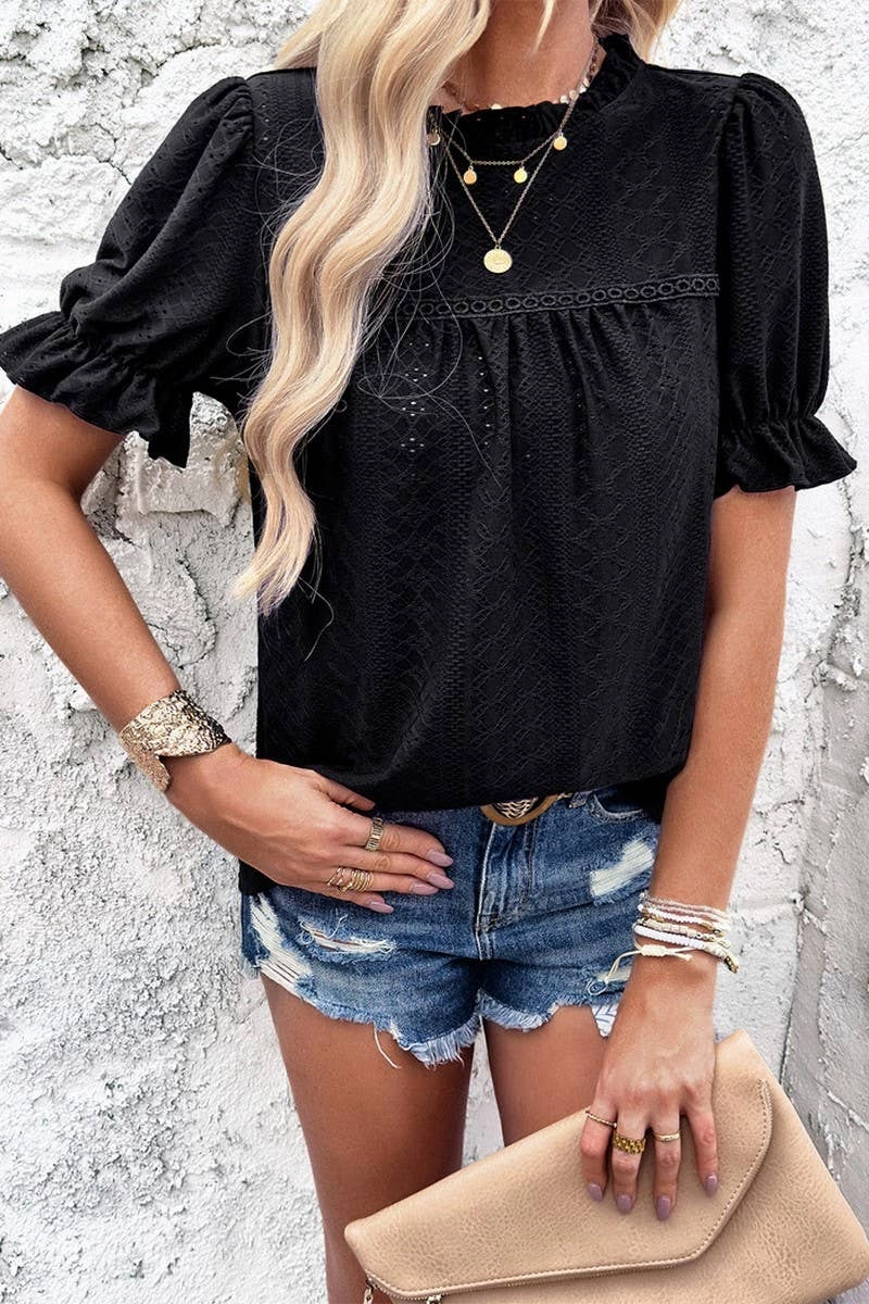 3D Spacer Fabric CASUAL SOLID COLOR SHORT SLEEVED CUT OUT TOP_CWTSTS0317