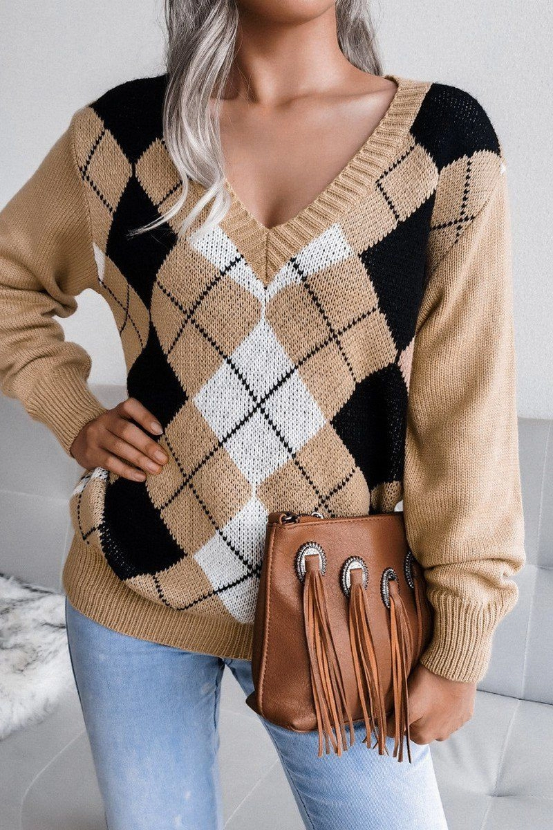 PLAID PATTERN RIBBED V NECK LOOSE FIT SWEATER Ribbed Trim Details