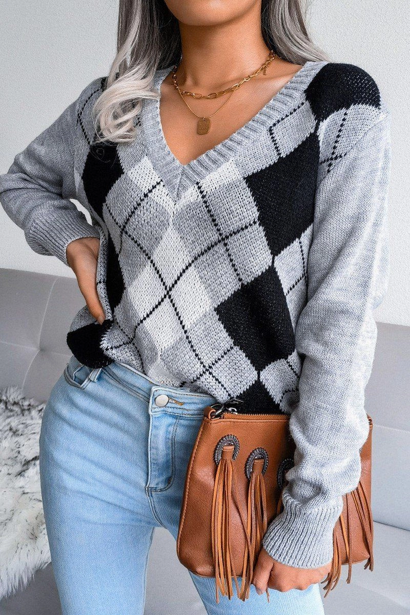 PLAID PATTERN RIBBED V NECK LOOSE FIT SWEATER HighDensity Knit