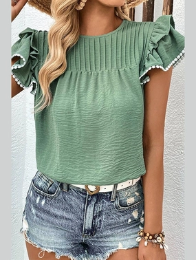 WOMEN SMOCKED RUFFLE PETAL SLEEVE TEE Flatlock Seams