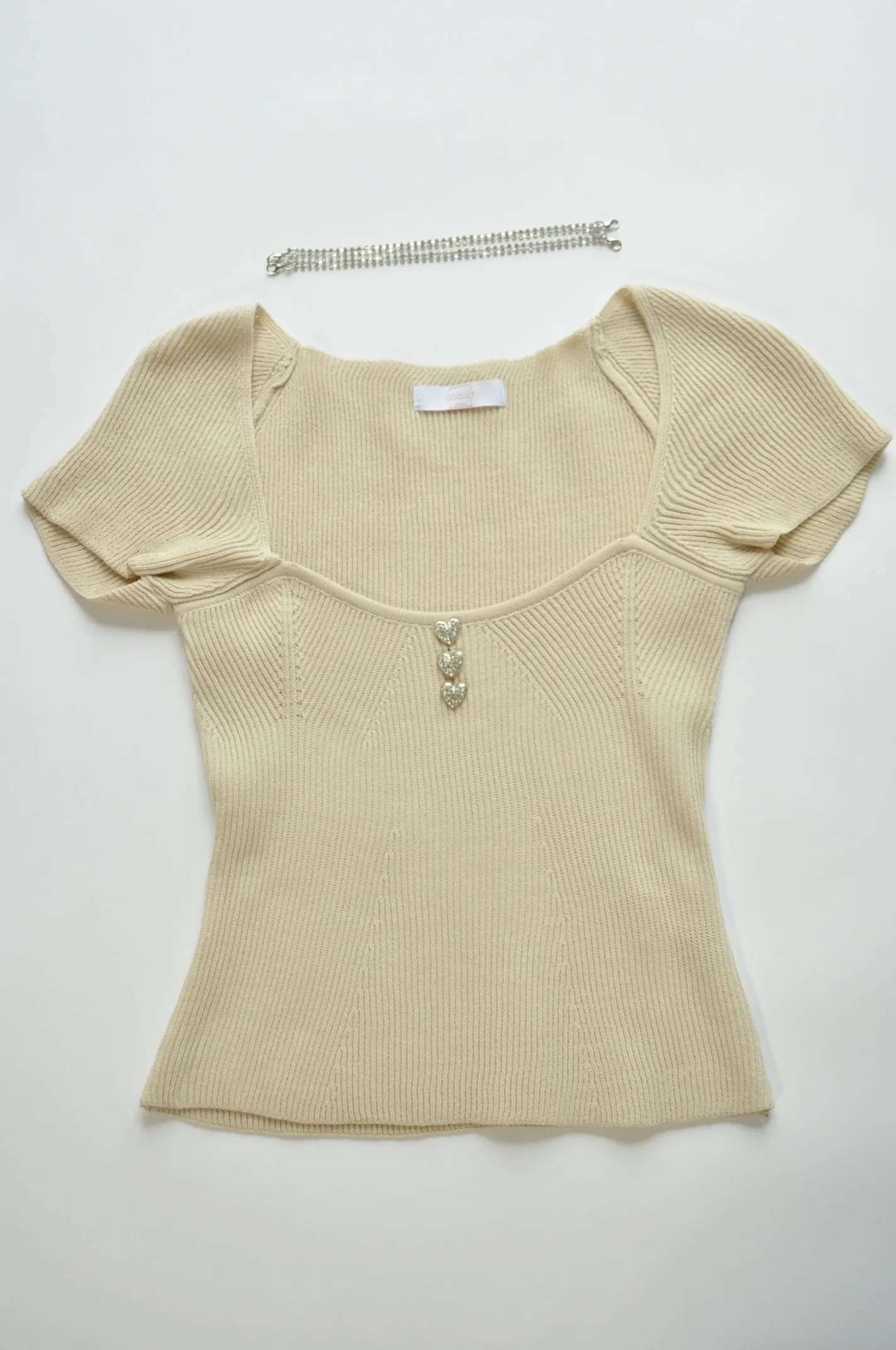 Nude corset shape detail crop top with gem chain stripes