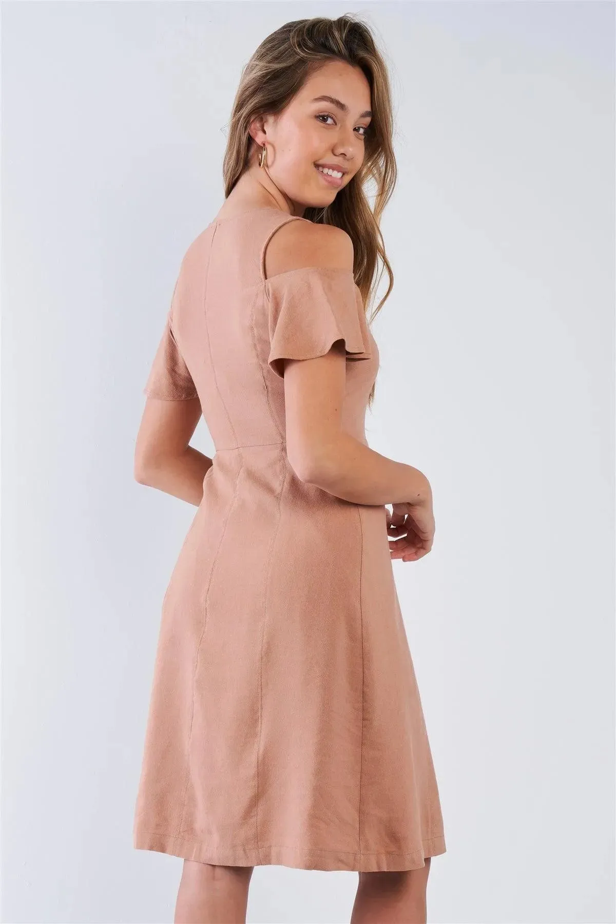 Nude V-neck Linen Cold Shoulder Sun Dress /1-2-2-1