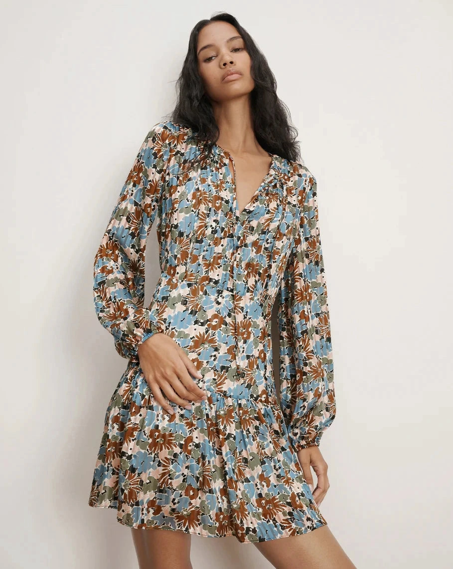 Layered Comfort Nyjah Floral Long Sleeve Silk Minidress Lake Mist Multi