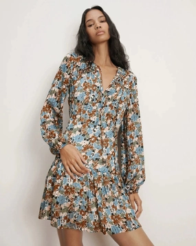 Layered Comfort Nyjah Floral Long Sleeve Silk Minidress Lake Mist Multi