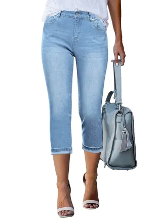 Ocean Aqua Blue Women's High Waisted Straight Leg Denim Jeans Pockets Casual Capri Pants