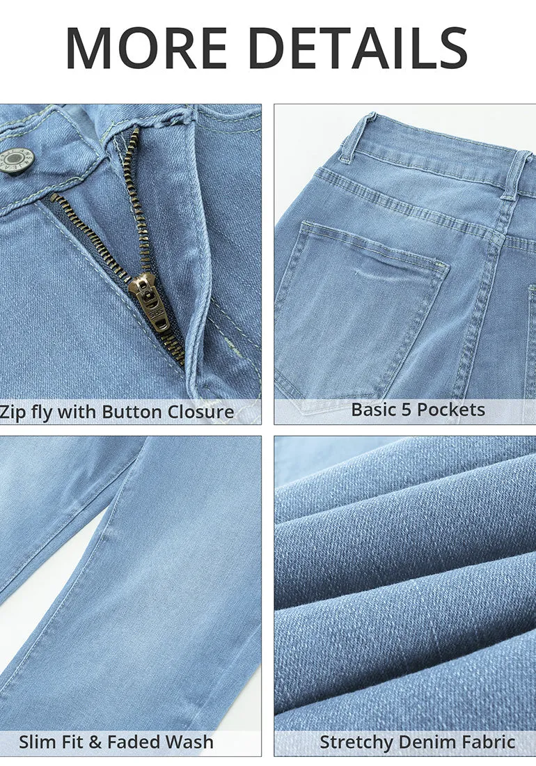Ocean Aqua Blue Women's High Waisted Straight Leg Denim Jeans Pockets Casual Capri Pants