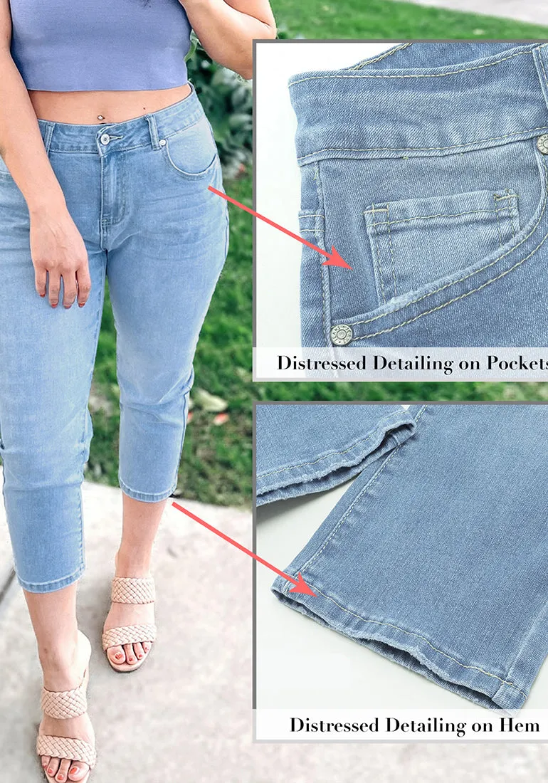 Ocean Aqua Blue Women's High Waisted Straight Leg Denim Jeans Pockets Casual Capri Pants