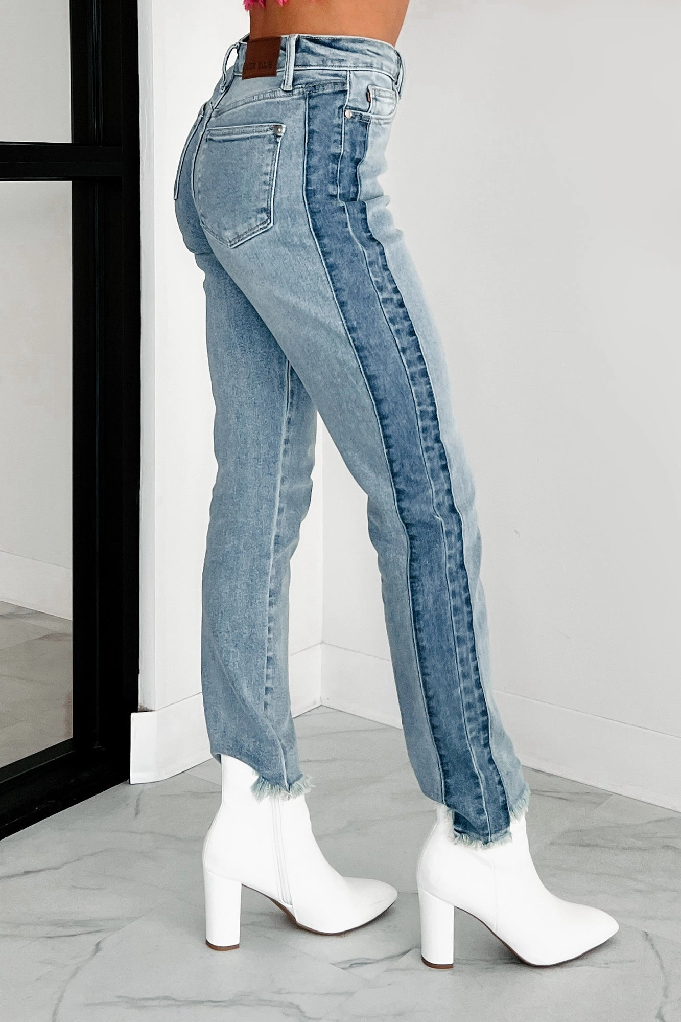 Tall Length clean design Octavius Two Tone High Waist Judy Blue Slim Jeans (Medium)