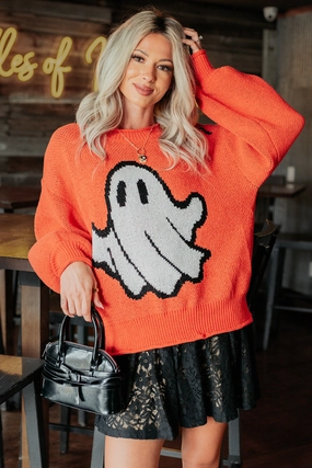 SeamlessConstruction October Haze Spooky Ghost Knit Sweater (Orange)