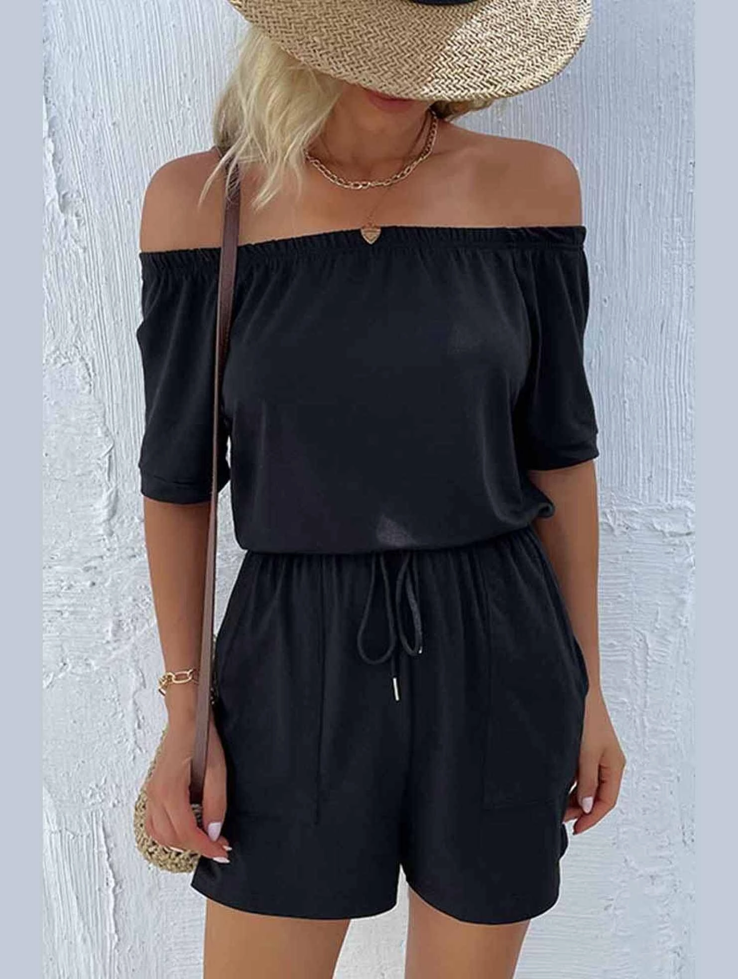 Stretch Comfort OFF SHOUDER SIMPLE WAIST STRAP ROMPER