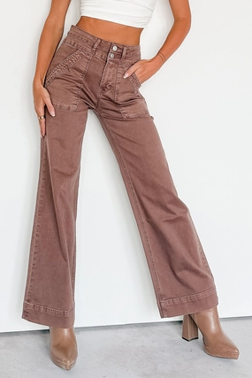 Henley Wide Leg Mica Denim Jeans (Cocoa) Sporty Vibe