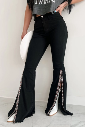 Quenlin Side Split Saints & Hearts Flare Jeans (Black) Breathable back panel