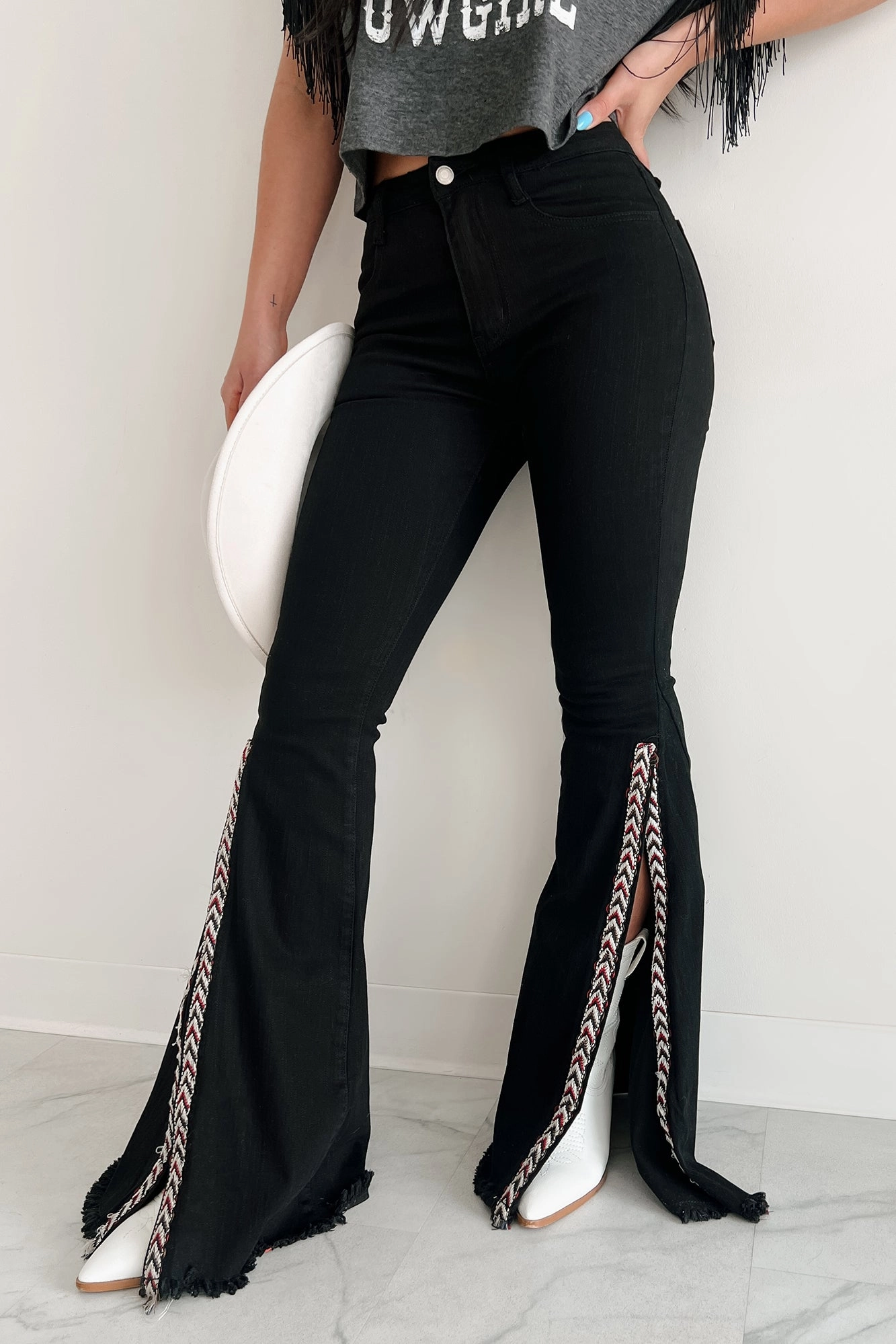 Quenlin Side Split Saints & Hearts Flare Jeans (Black) Easy Stretch