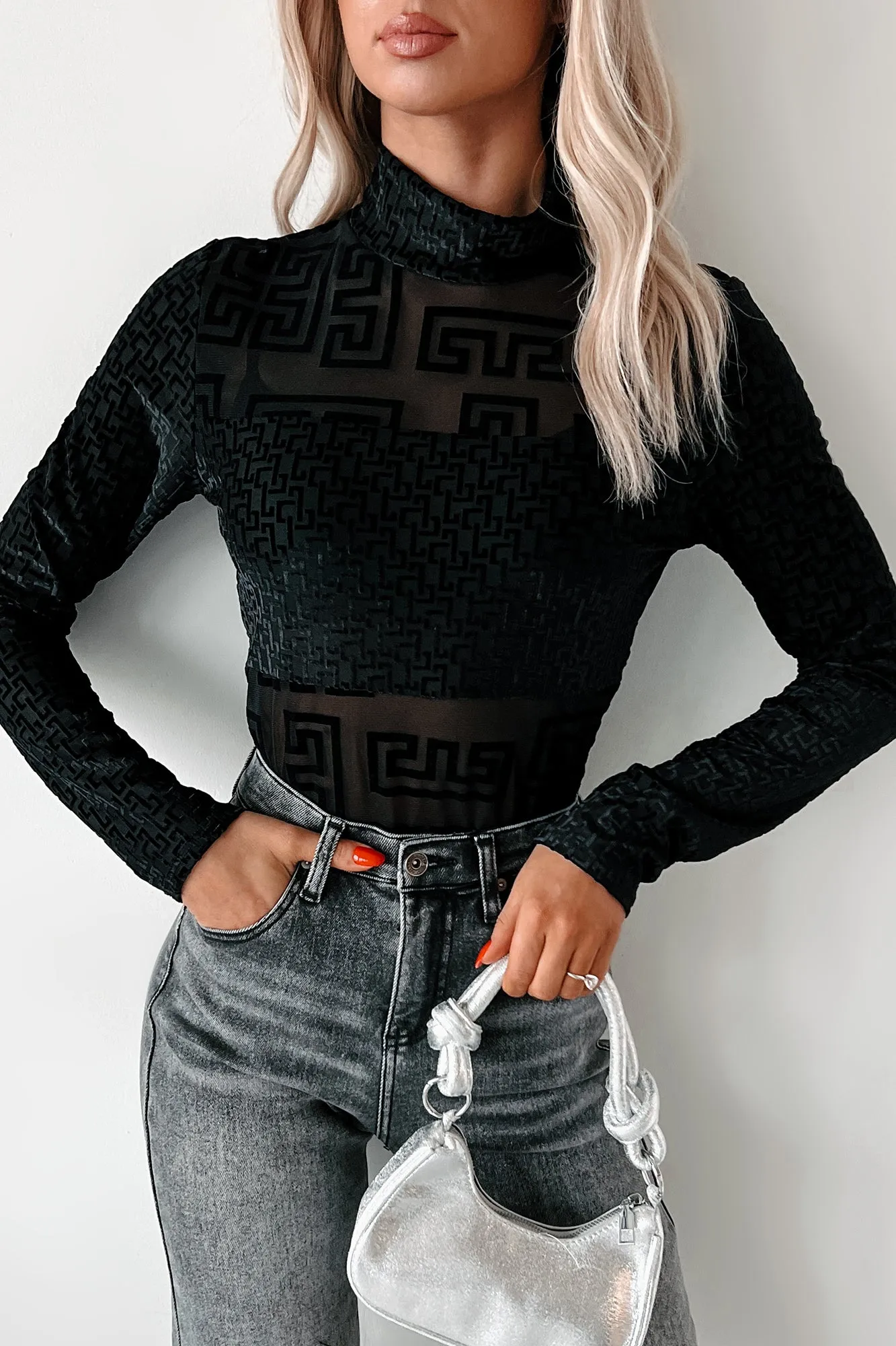 Reflective Safety Trim DoubleLayered Collar Life's Mysteries Geometric Mesh Long Sleeve Top (Black)