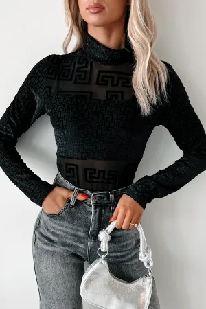CrewNeck Multipurpose Design Life's Mysteries Geometric Mesh Long Sleeve Top (Black)