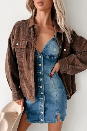 Multi Panel Construction Water Repellent Coating Casually Coasting Corduroy Shacket (Brown)