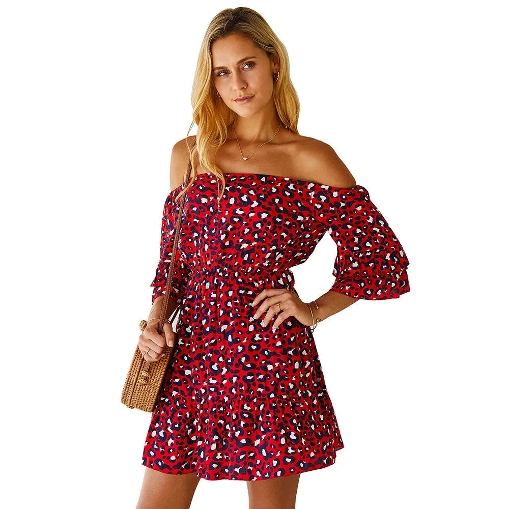 Off Shoulder Half Sleeve Leopard Mini Dress